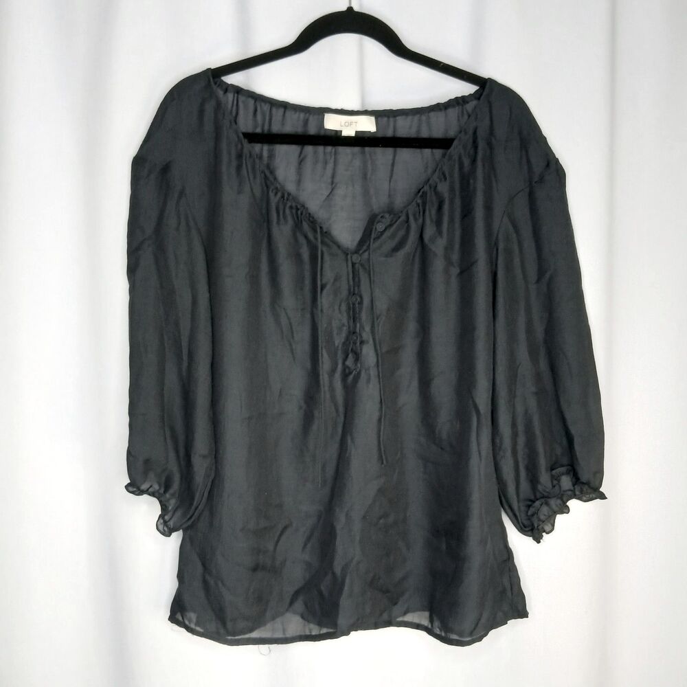 Loft Semi Sheer Peasant Blouse 3/4 Slves Relaxed Pullover Black Top Womens Large